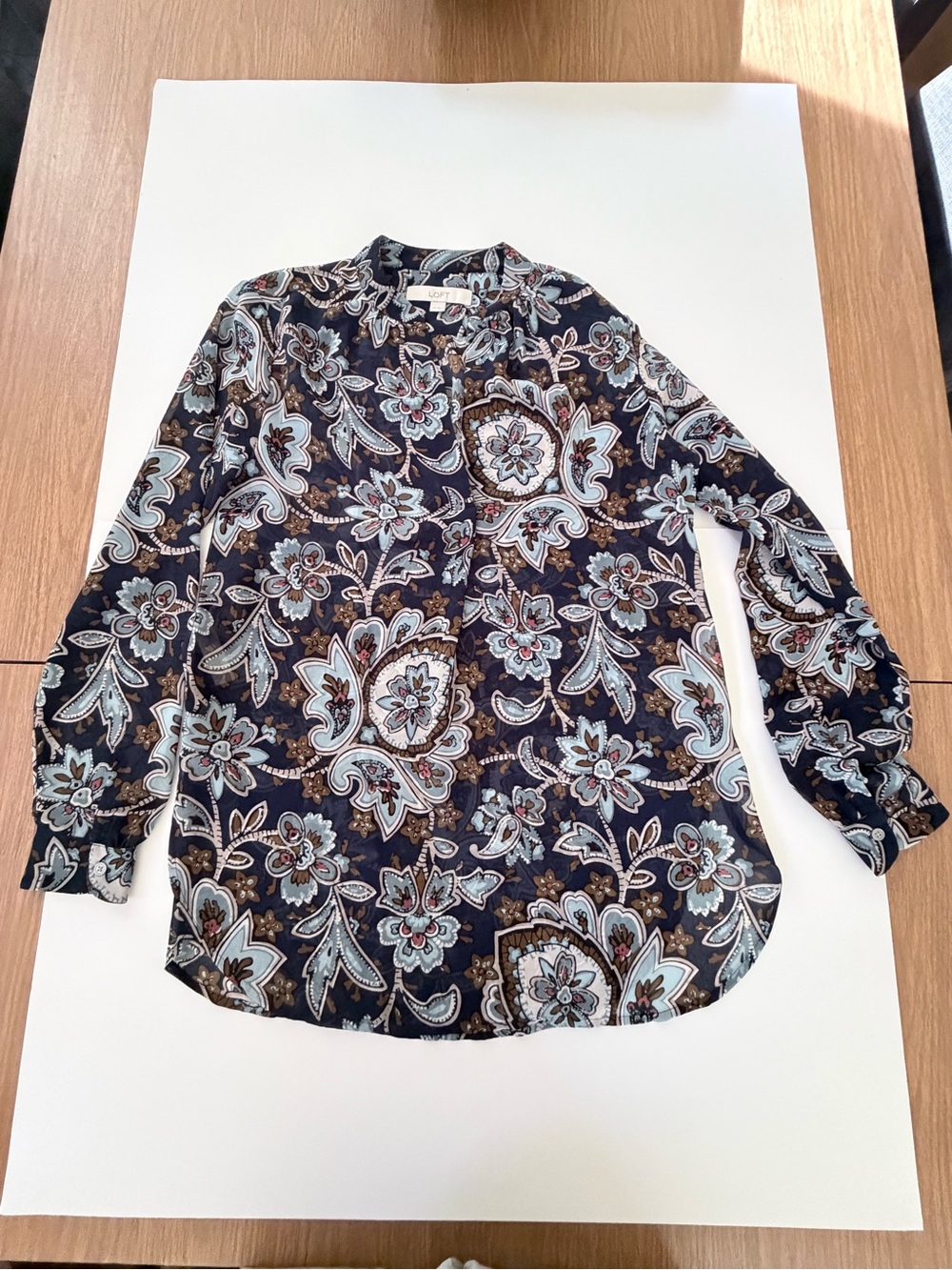 LOFT Navy Paisley Button-Front Blouse with Light Blue Accents